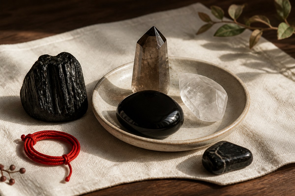 Black obsidian, smoky quartz, dark rough stone, clear quartz, and small red cord on ivory linen