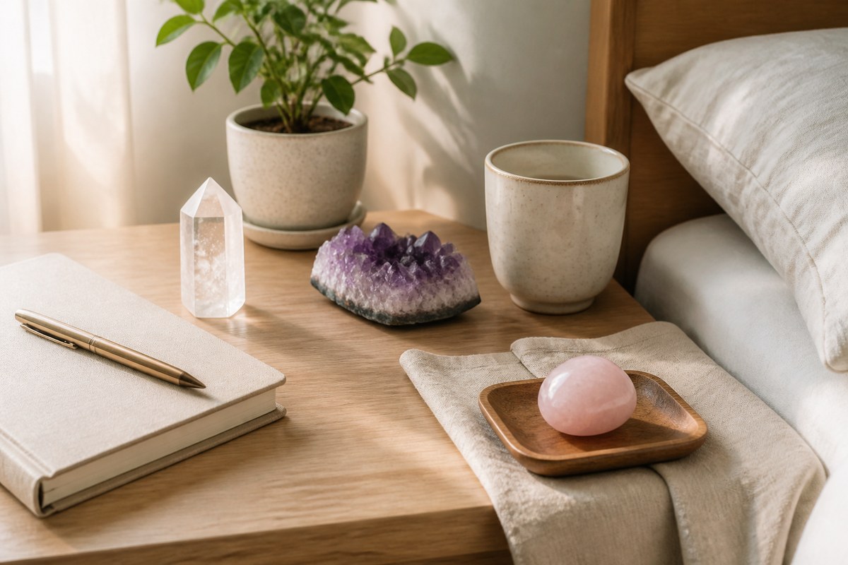 Clear quartz, amethyst, rose quartz, notebook, ceramic cup, bedside tray, and small plant in soft morning light