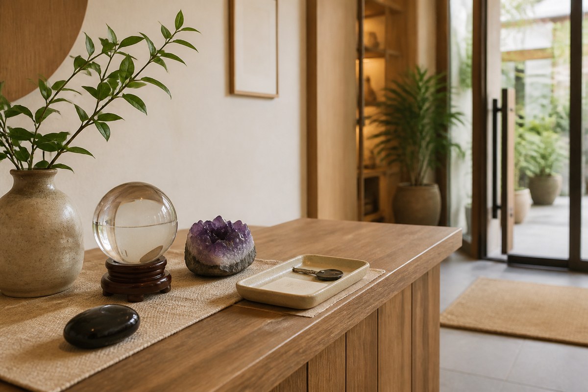 Clear crystal ball, amethyst cluster, black stone, plant, ceramic vase, and blank tray on a warm entry console