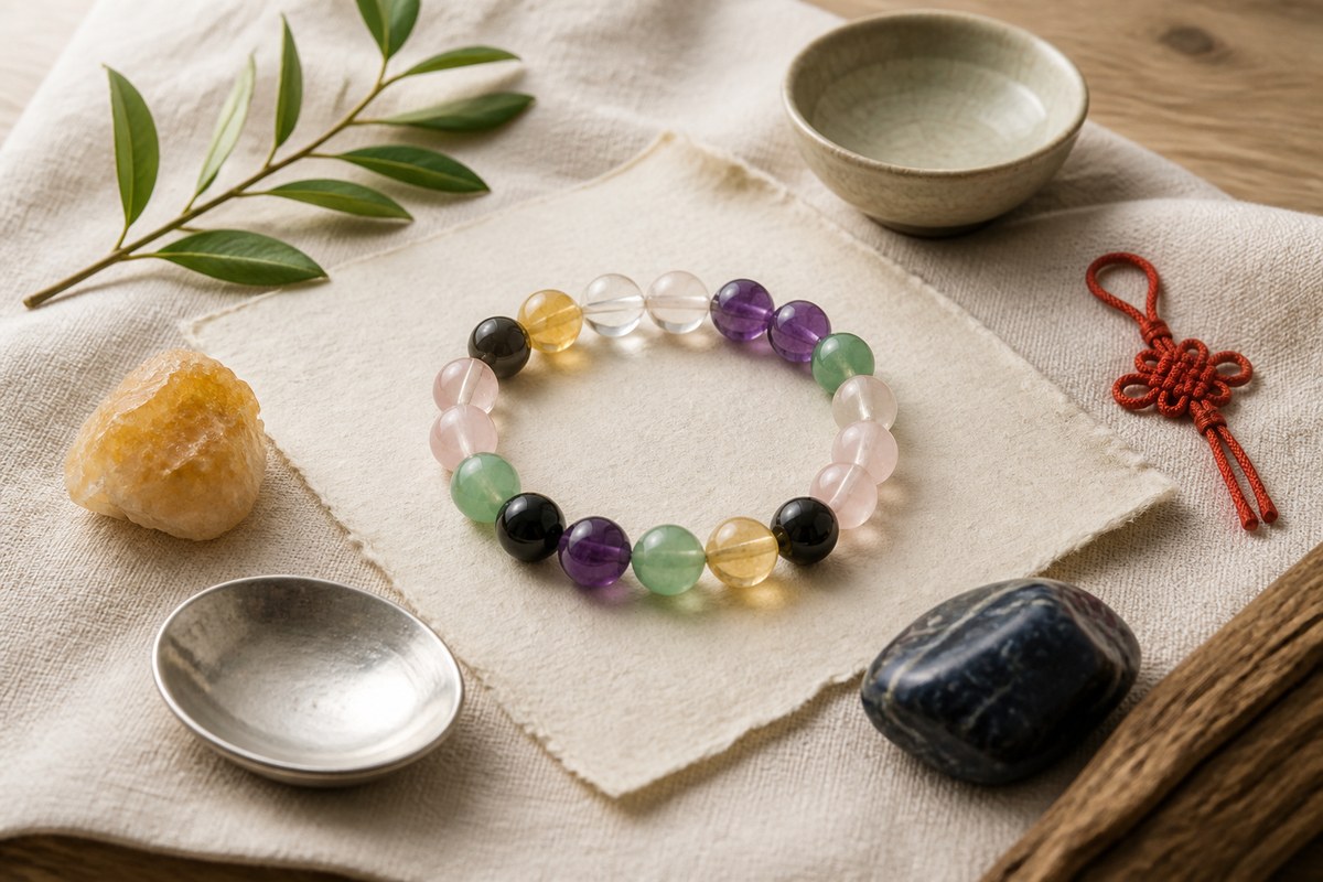 Five-color crystal bead bracelet with branch, red cord, yellow stone, pale dish, and dark stone on ivory linen