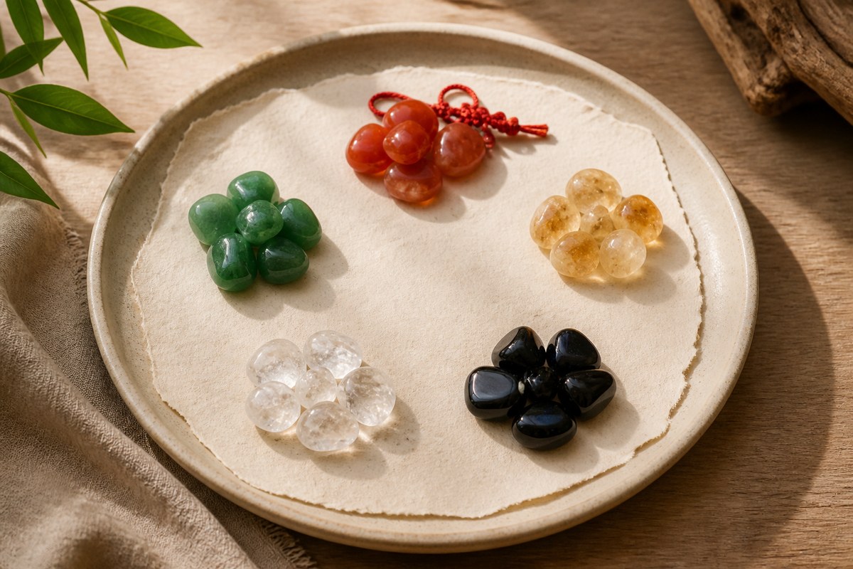 Five crystal color groups arranged in a calm circle on ivory paper and natural wood