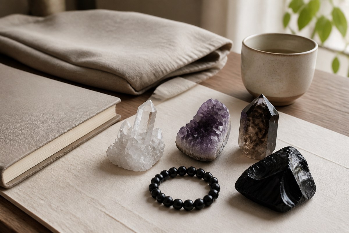 Clear quartz, amethyst, smoky quartz, black obsidian, and dark stone bracelet beside a notebook and ceramic cup