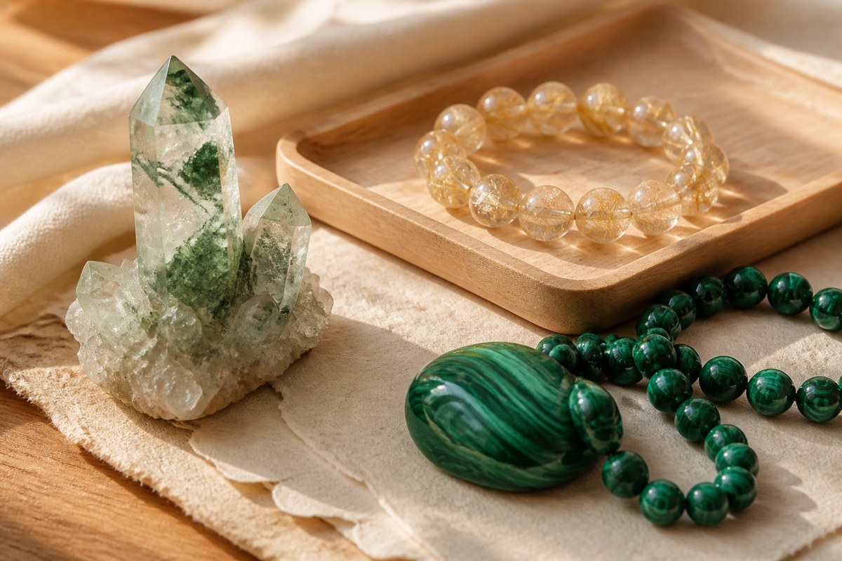 Green phantom quartz, banded malachite stone, golden rutilated quartz beads, and pale wood tray