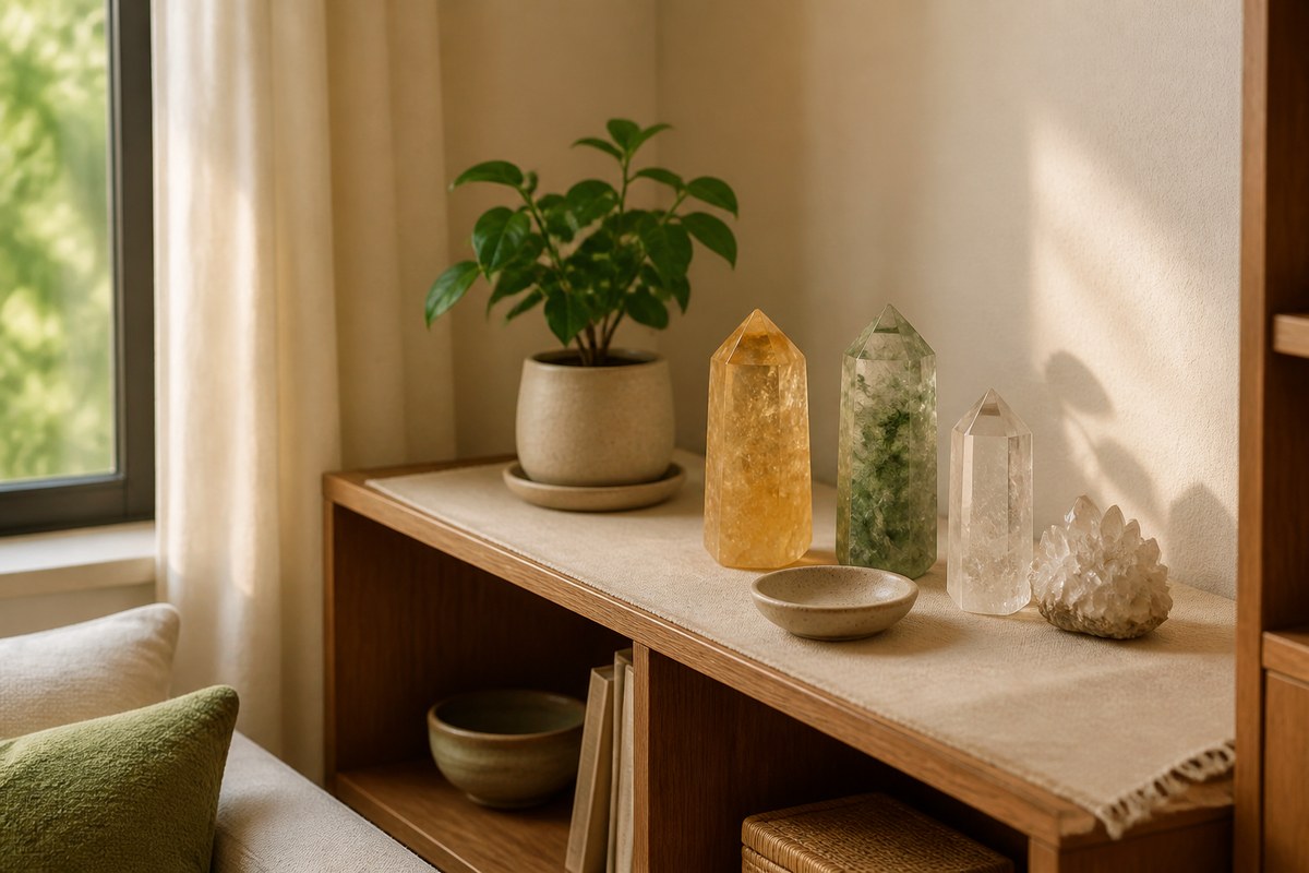 Citrine, green crystal, clear quartz, small cluster, plant, ceramic bowl, and linen runner on a warm wooden shelf
