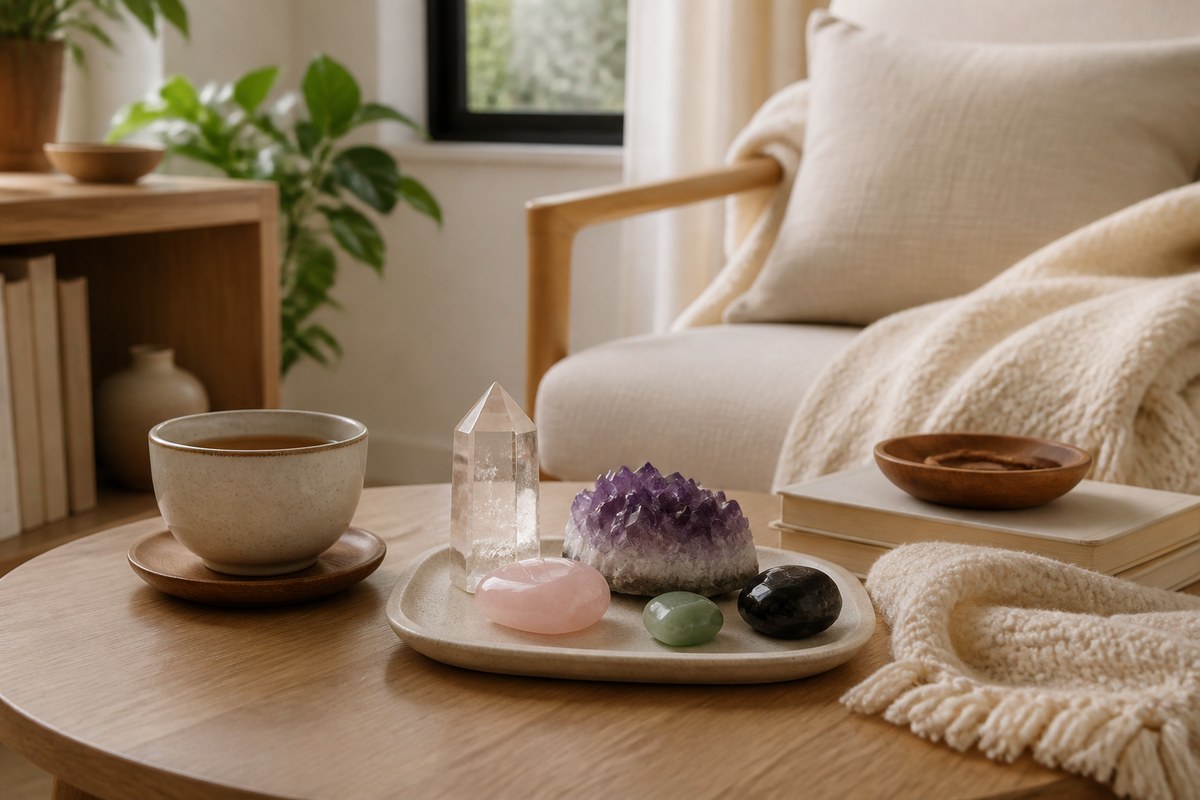 Modest crystal grouping on a warm home side table with ivory fabric and soft natural light