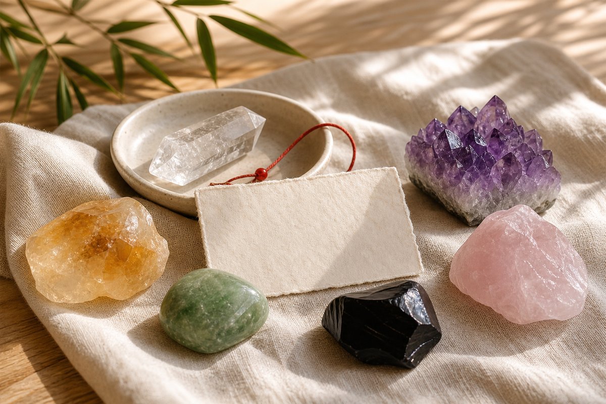 Curated feng shui crystals on ivory linen with a blank handmade paper card and ceramic dish