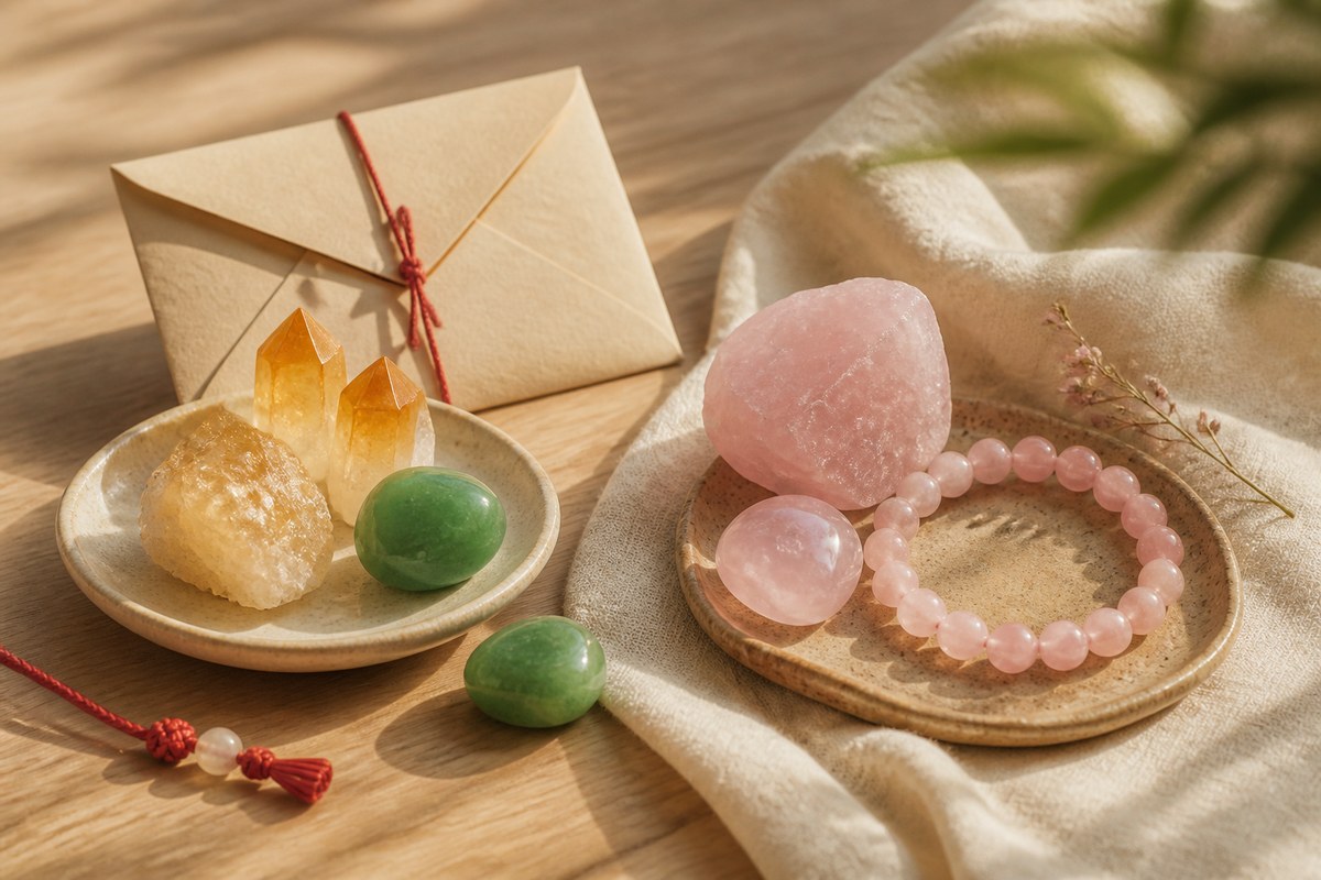 Golden quartz, green stone, rose quartz, soft pink bracelet, red cord, and blank gift envelope on pale wood