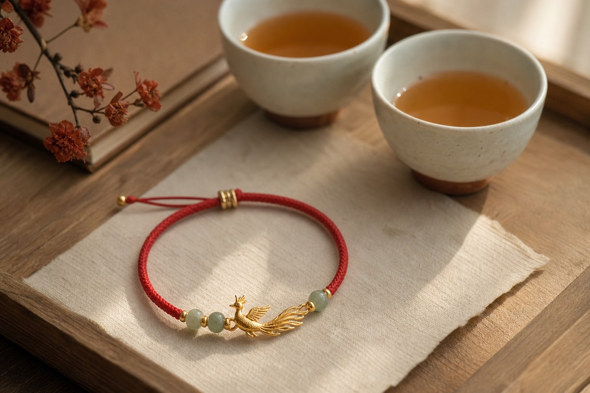 Red cord Fenghuang bracelet with muted jade beads beside two ceramic cups