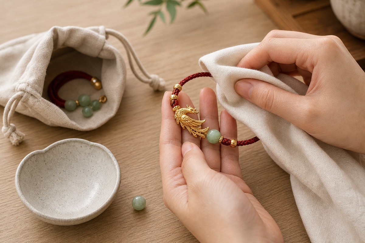 Hands wiping a red cord and jade Fenghuang bracelet with an ivory cloth beside a linen pouch