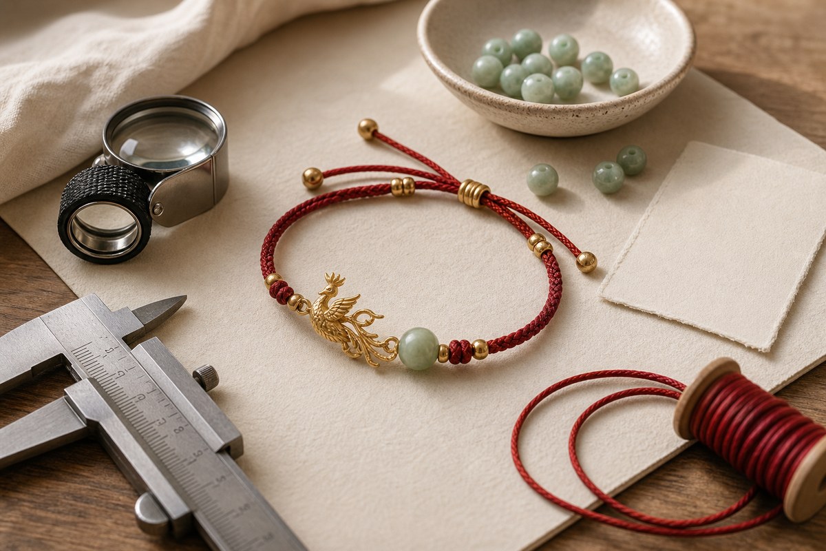 Fenghuang bracelet inspected beside a jeweler's loupe, caliper, loose jade beads, and red cord sample