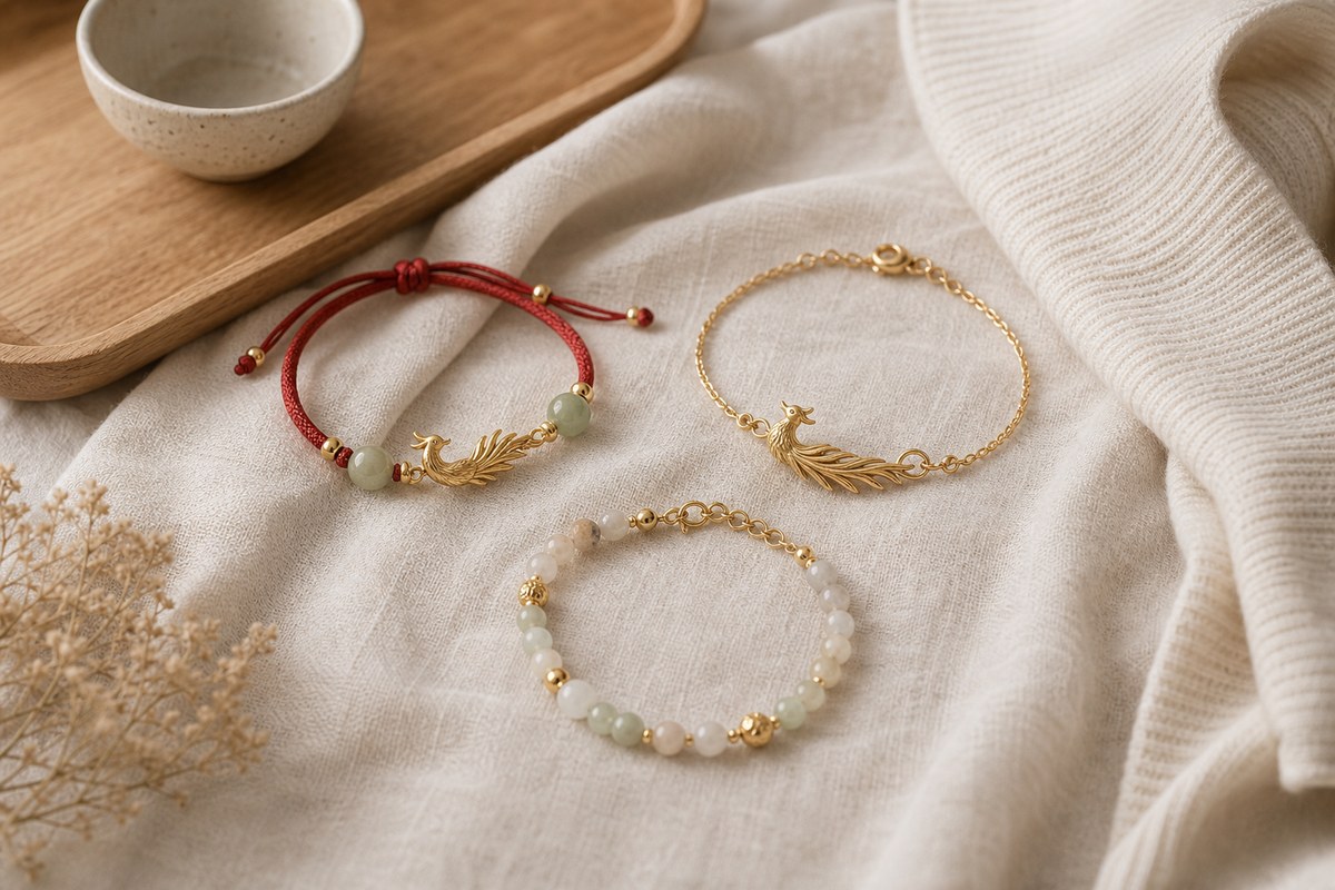 Red cord phoenix bracelet, gold phoenix-tail chain, and pale stone bracelet arranged on ivory linen
