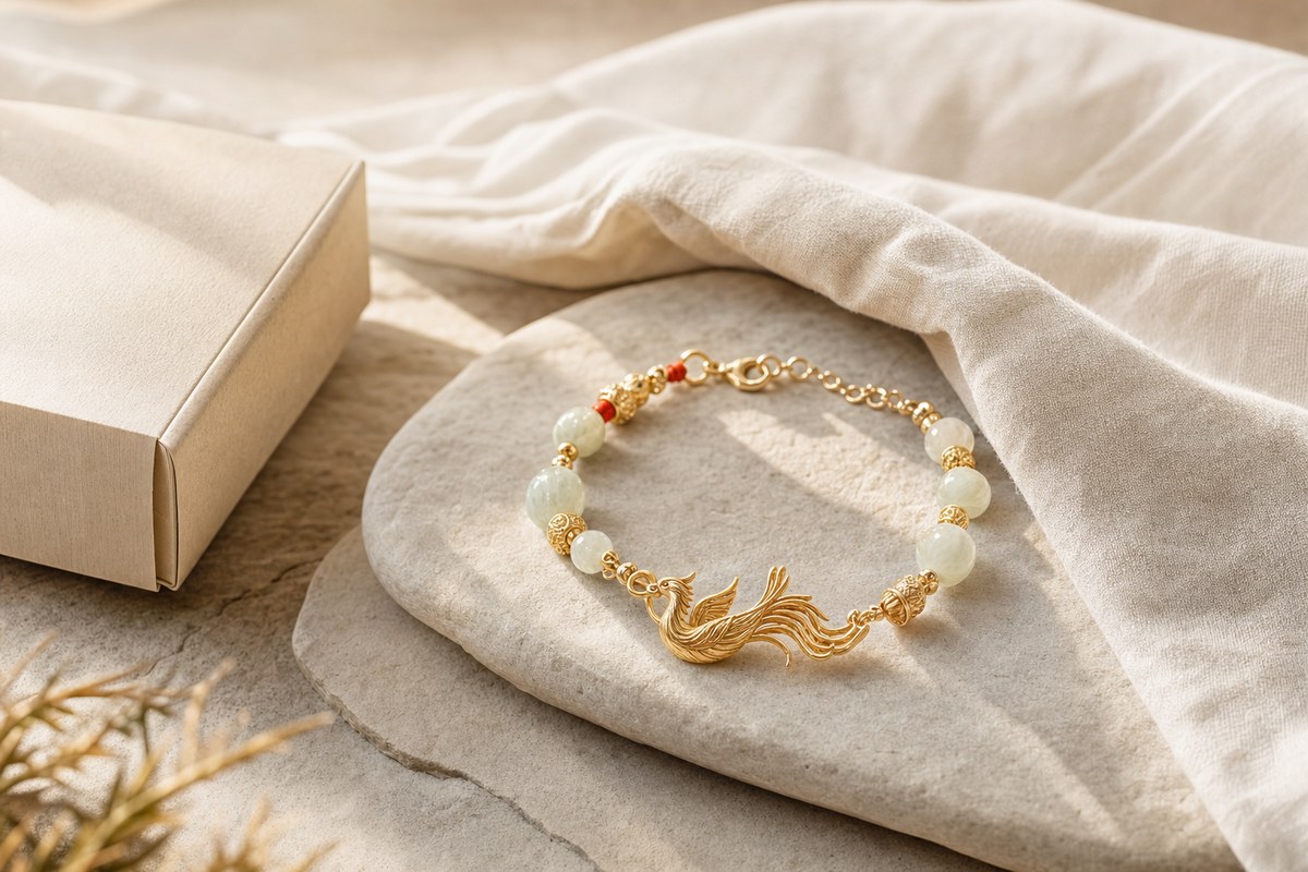 Elegant phoenix bracelet with pale jade beads on warm stone and ivory linen