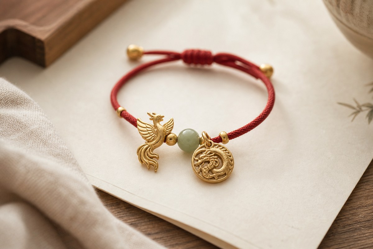 Red cord bracelet with small gold phoenix and dragon-scroll charms beside muted jade beads