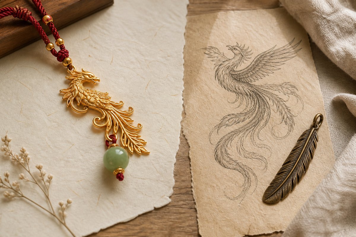 Fenghuang jewelry charm beside a muted phoenix sketch and feather charm on handmade paper