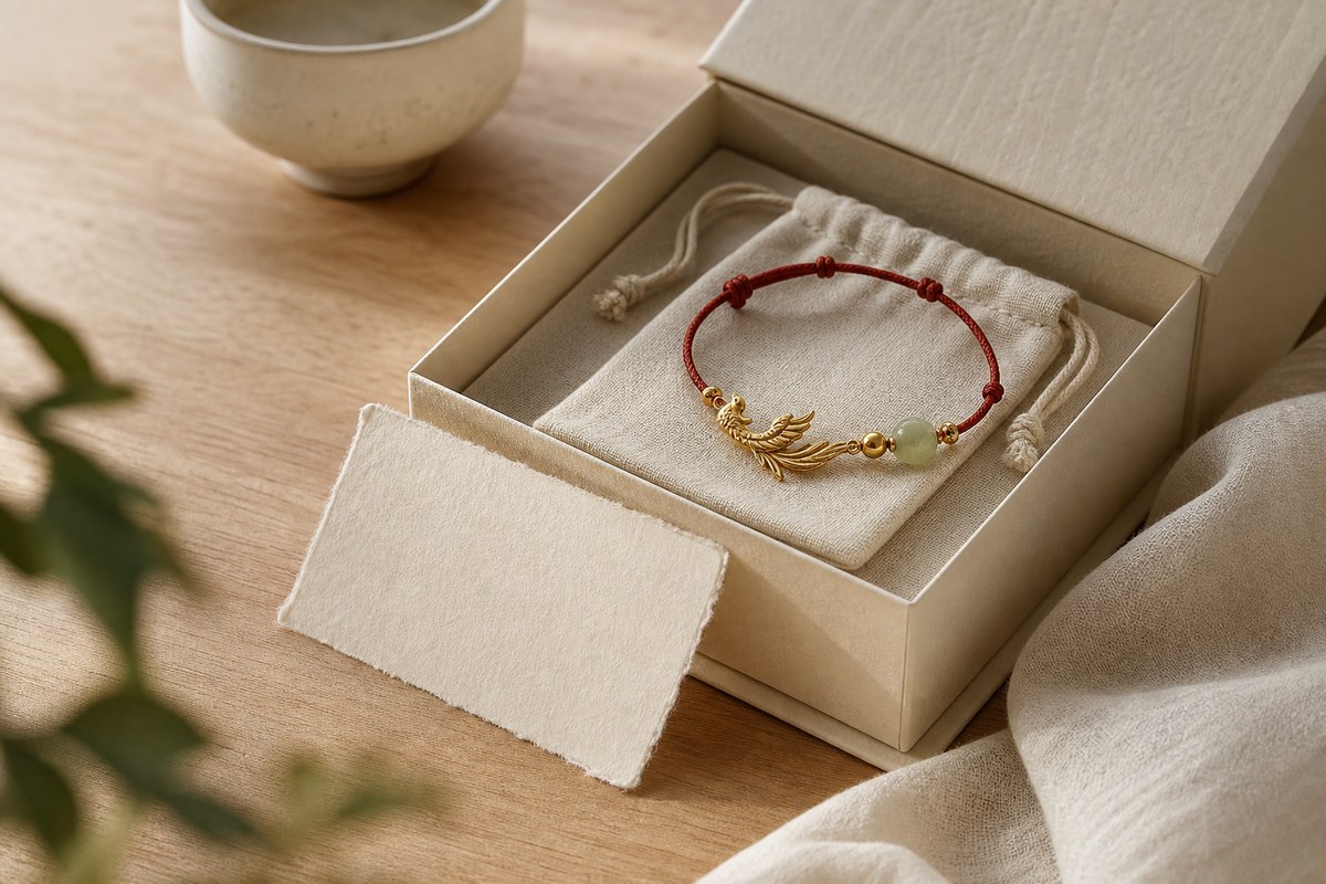 Fenghuang bracelet in a warm ivory gift box with a linen pouch and blank card