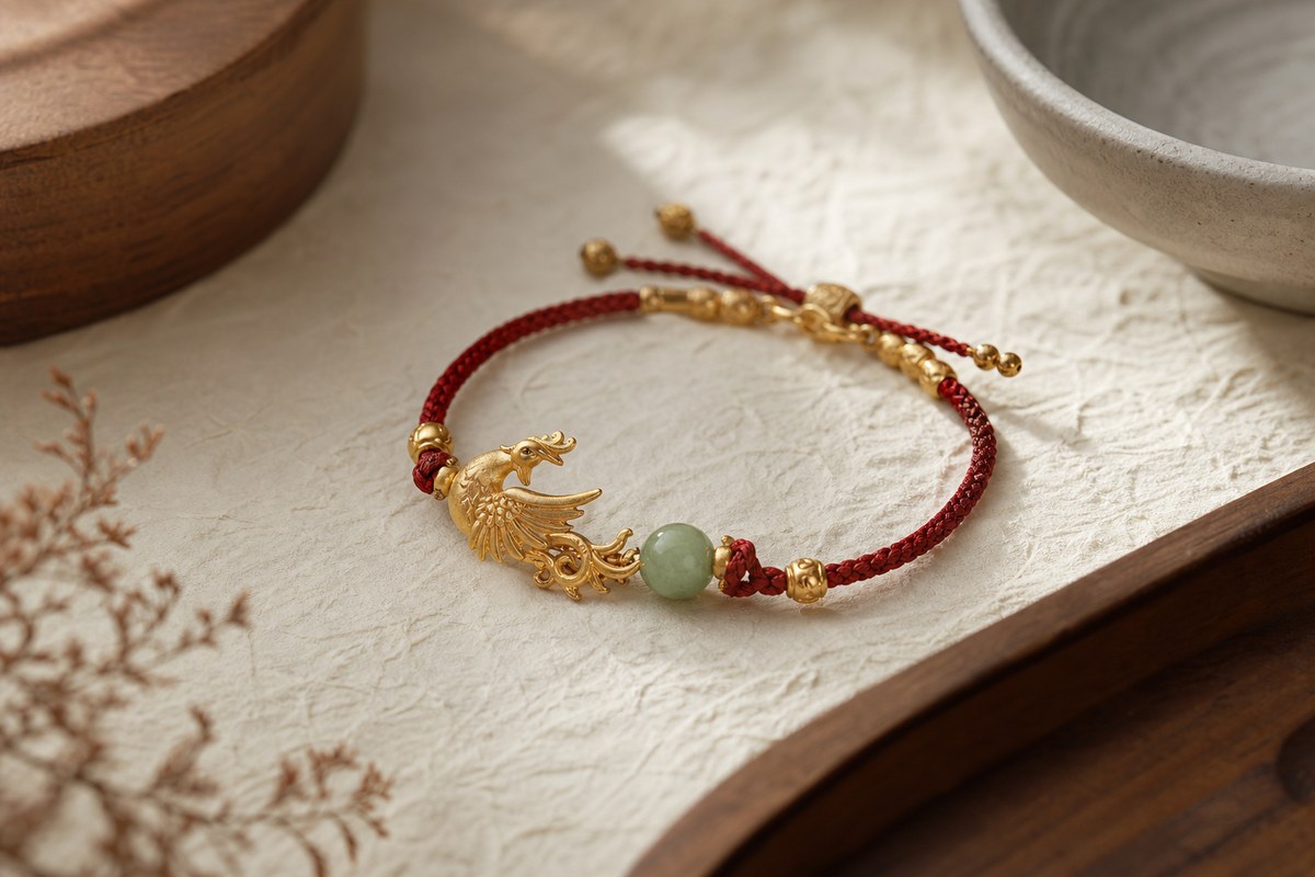 Fenghuang bracelet with a gold phoenix charm, red cord, and muted jade bead on warm handmade paper