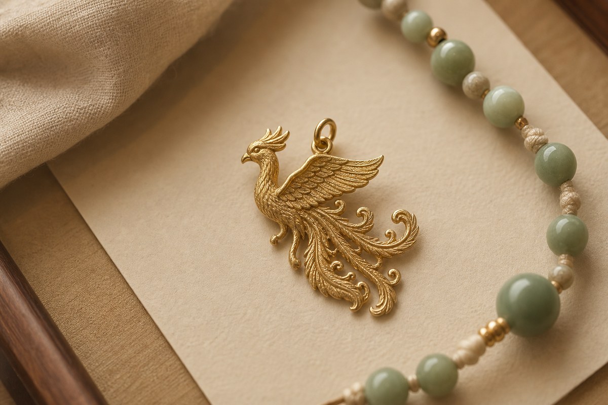 Gold Fenghuang charm with wing and long tail detail beside muted jade beads