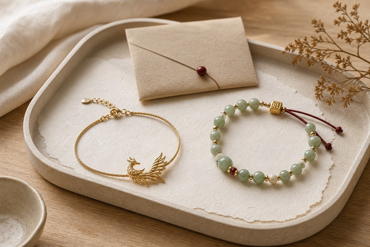 Modern simplified phoenix bracelet with muted jade beads on an ivory jewelry tray