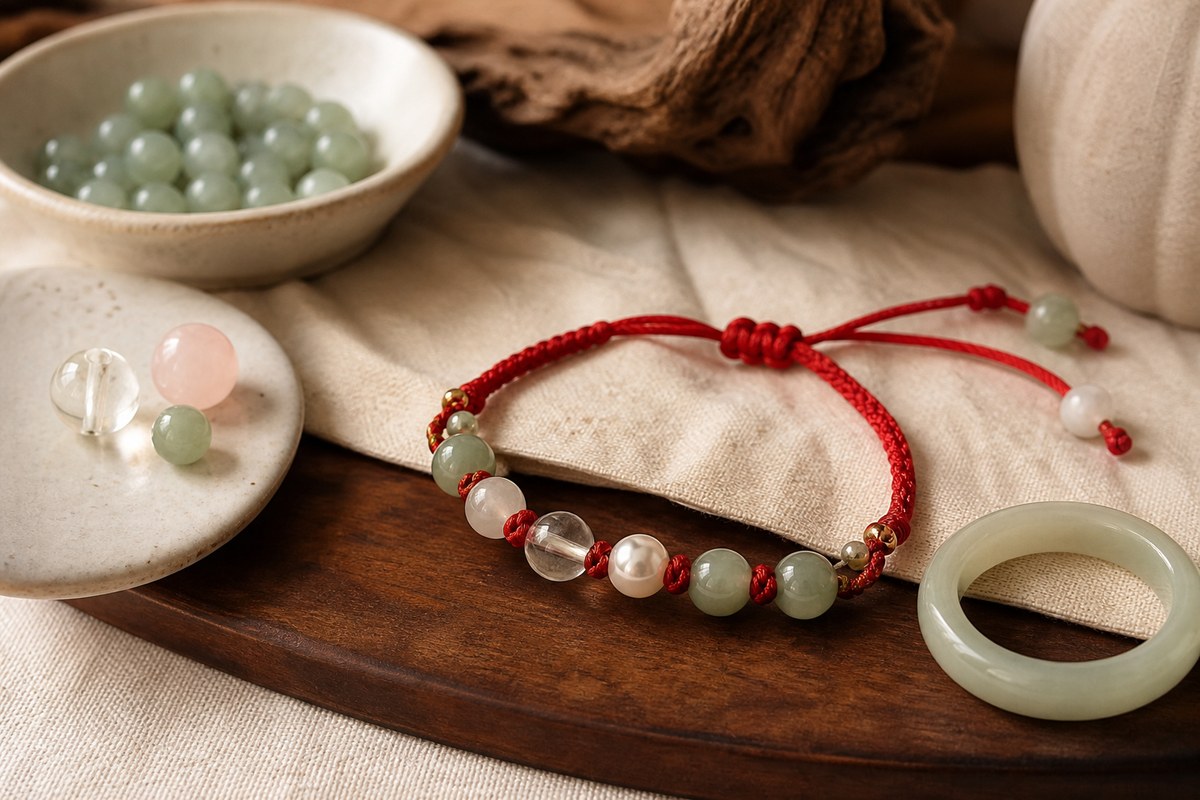 Red cord bracelet with muted jade beads, clear crystal beads, pale pearl accent, and jade ring