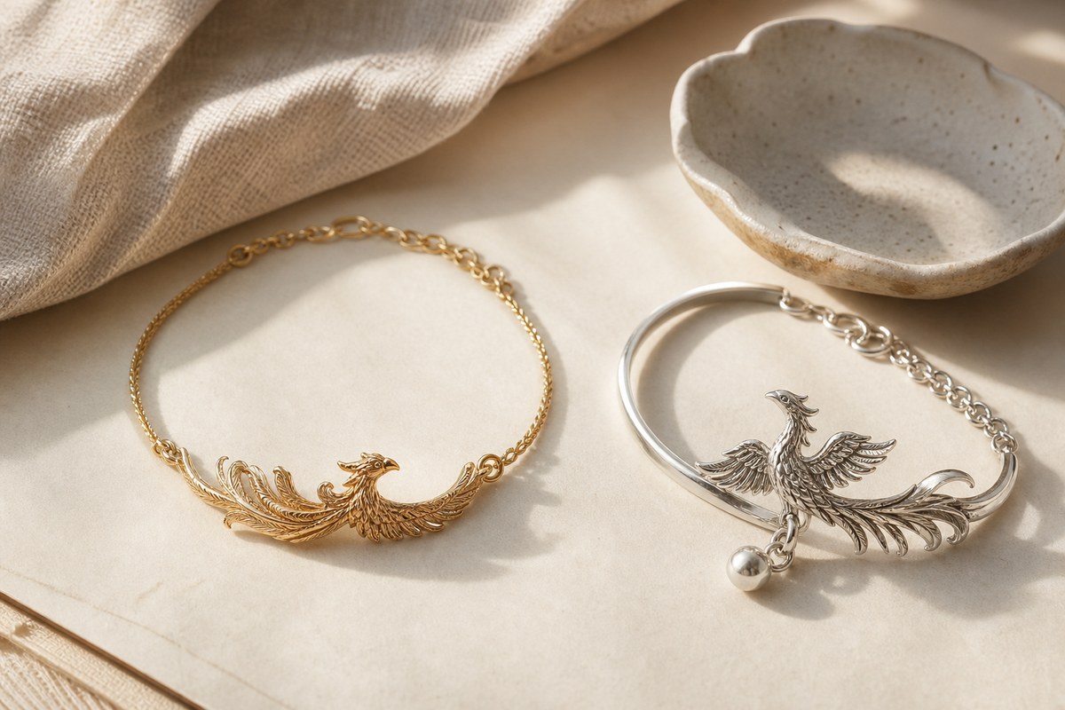Gold phoenix-tail chain bracelet and silver phoenix bangle on warm ivory paper