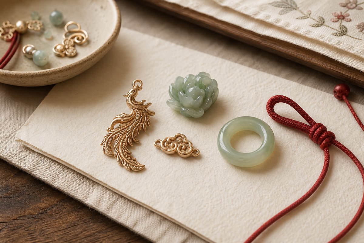 Phoenix-tail charm, ruyi-shaped charm, carved peony detail, jade peace-buckle ring, and red cord