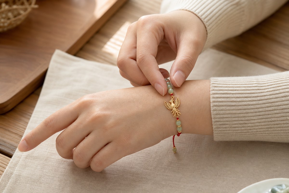 Adult hand adjusting a Fenghuang bracelet with jade beads and red cord on the wrist