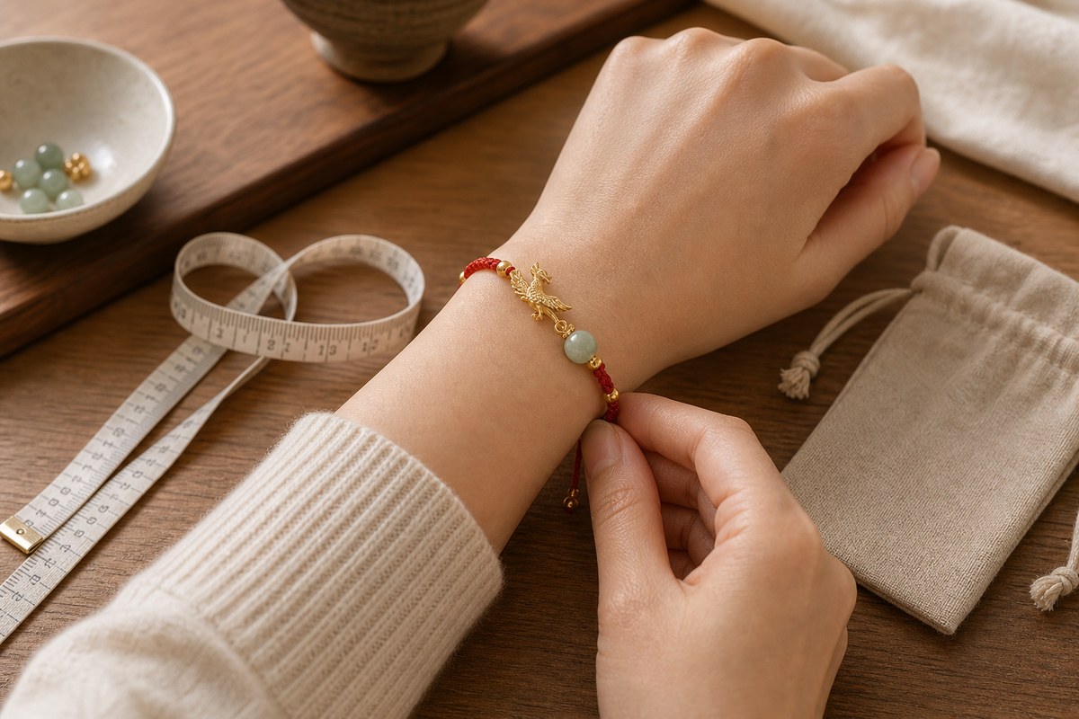 Fenghuang bracelet worn comfortably on a wrist beside a soft measuring tape and linen pouch