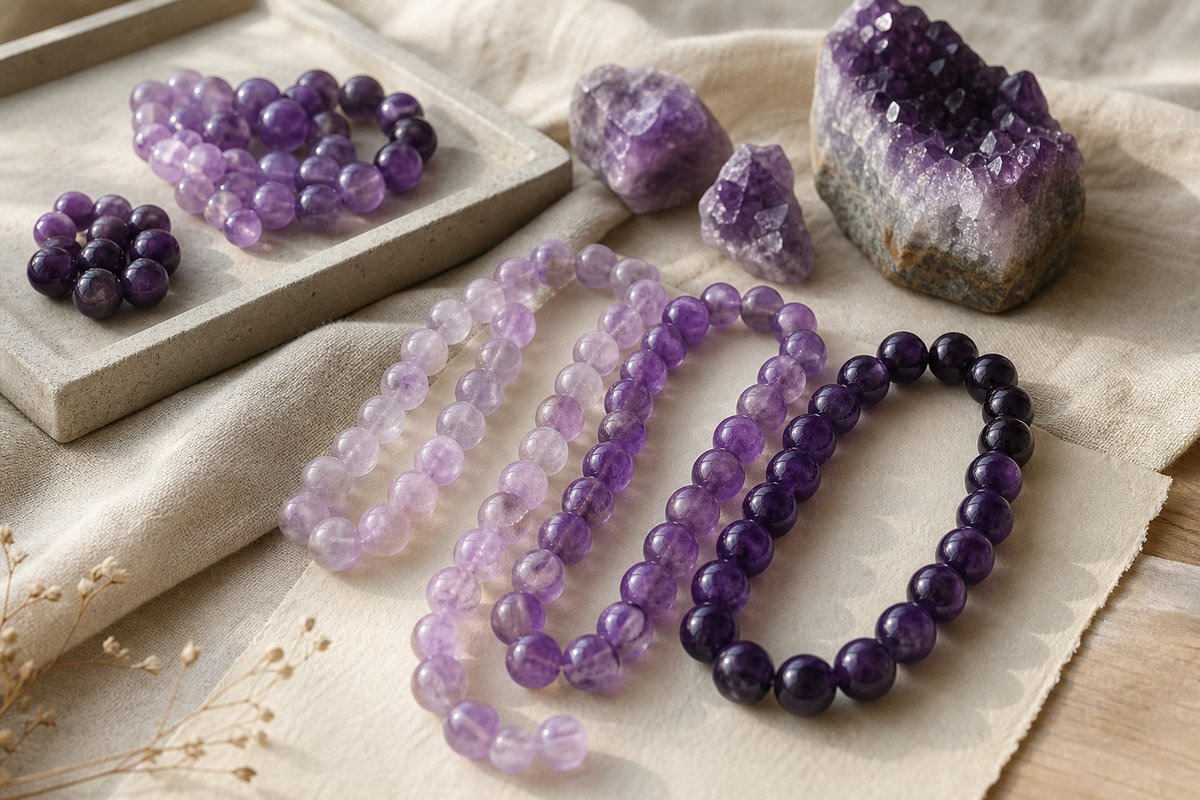 Amethyst bead strands with varied purple saturation and translucent areas on ivory linen