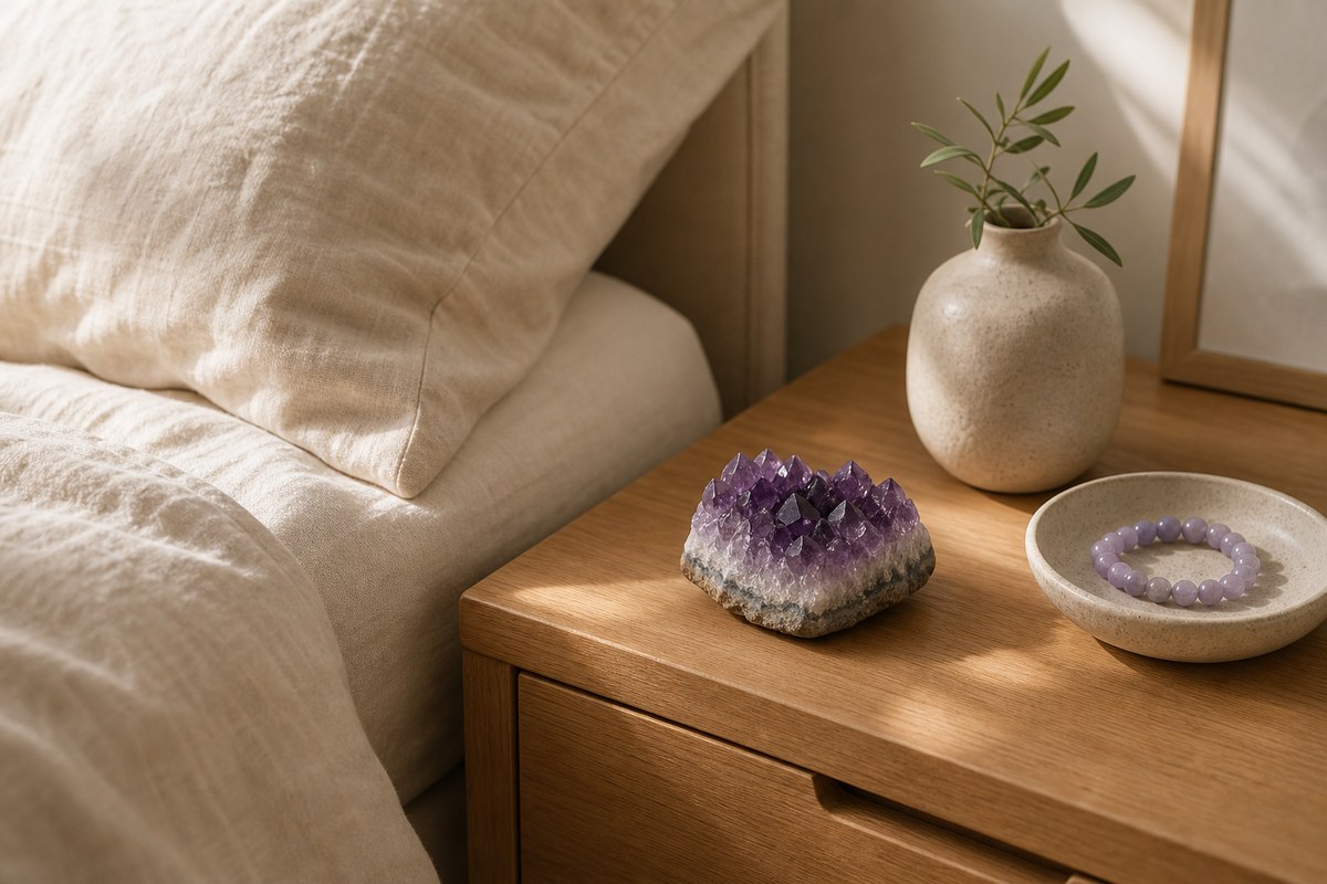 Small amethyst cluster on a bedside table with warm ivory bedding, linen, and a soft ceramic dish