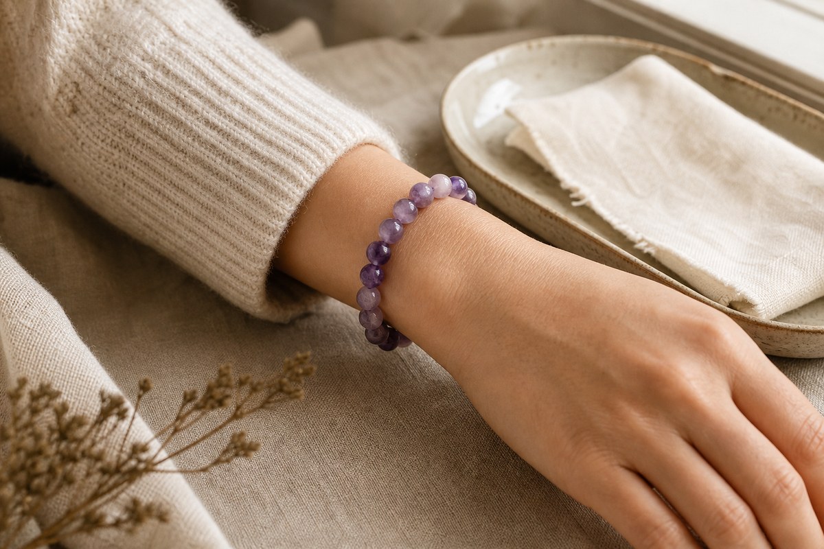 Amethyst bead bracelet worn on a wrist with neutral knit fabric and soft daylight