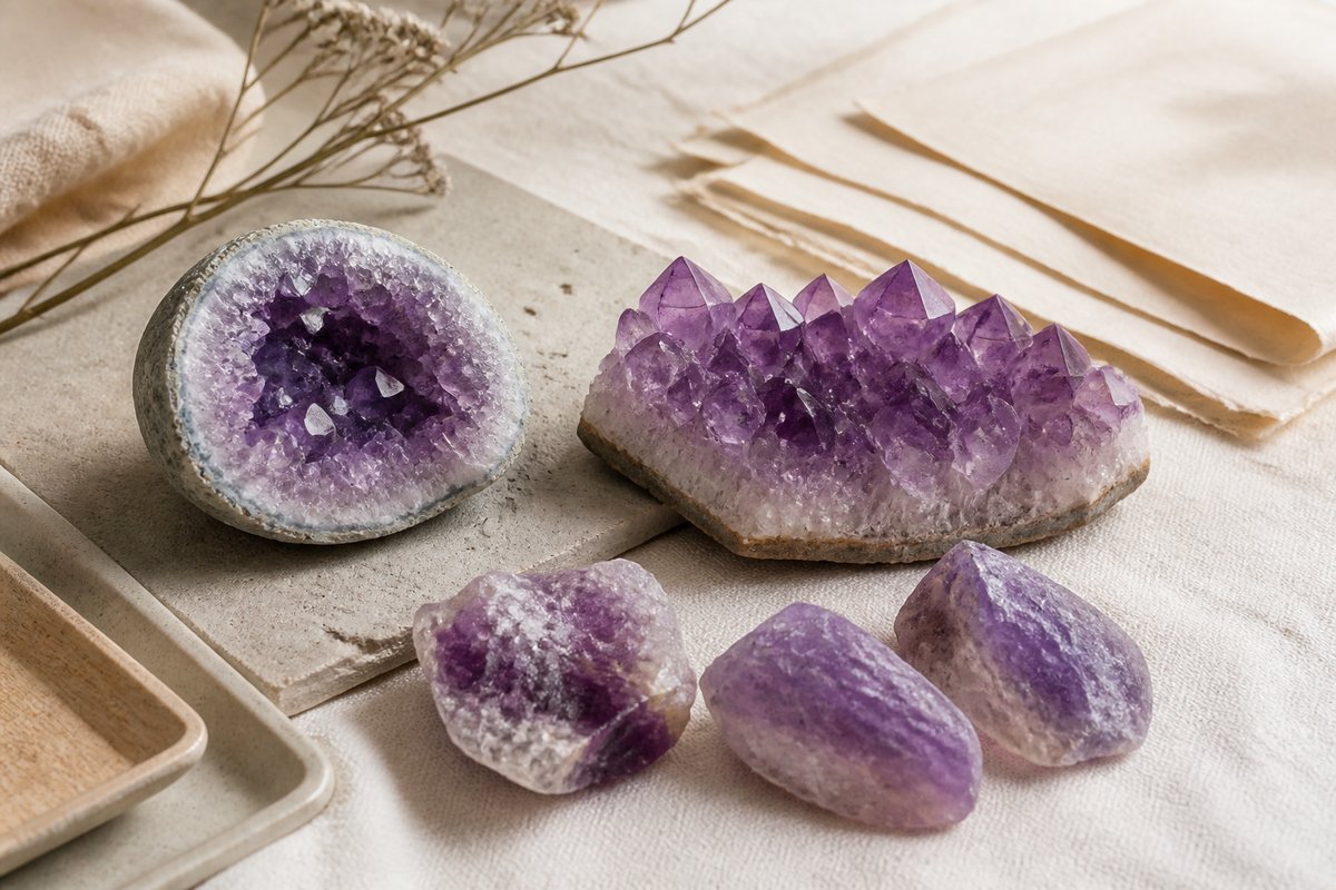 Small amethyst geode, crystal cluster, and rough purple quartz pieces arranged as a natural type comparison