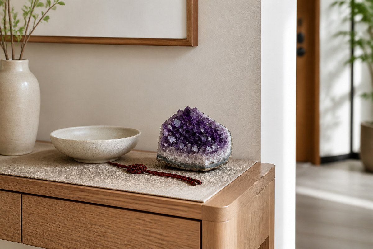 Small amethyst geode near an entry console with wood, linen, ceramic bowl, and restrained red cord accent