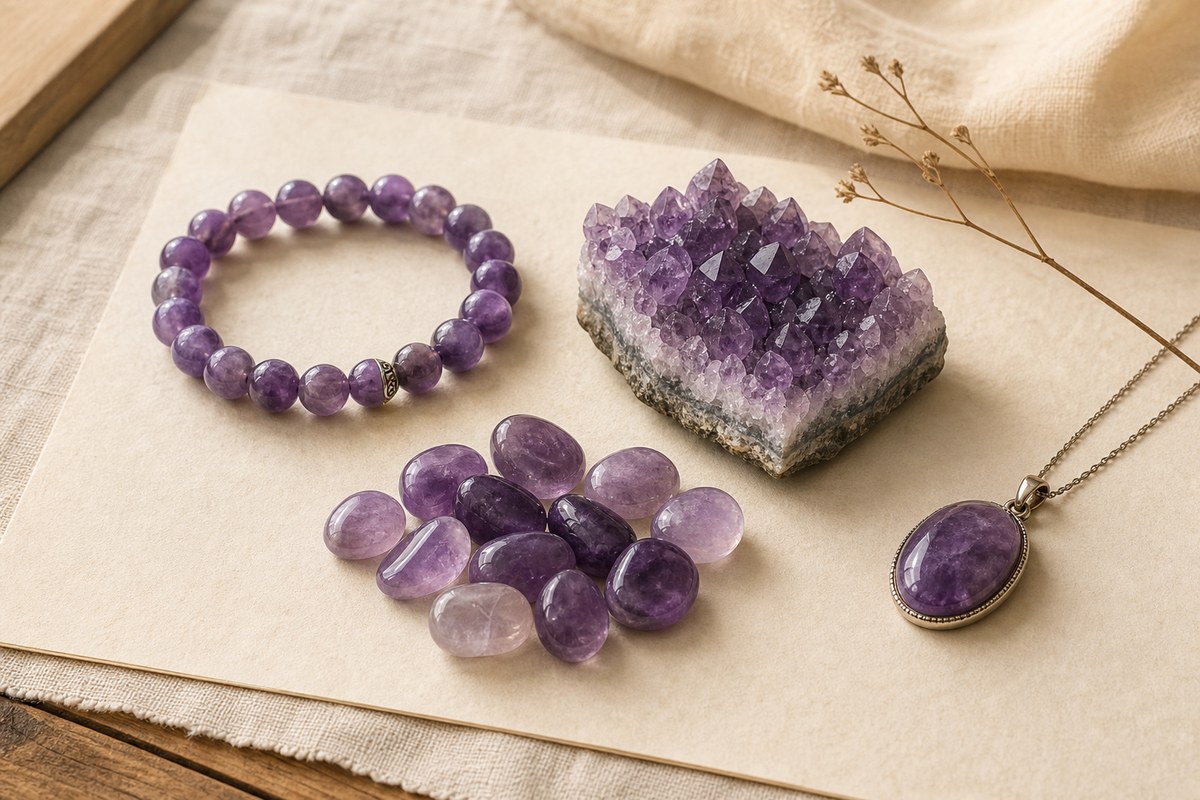 Amethyst beads, tumbled purple stones, small crystal cluster, and pendant arranged on ivory paper