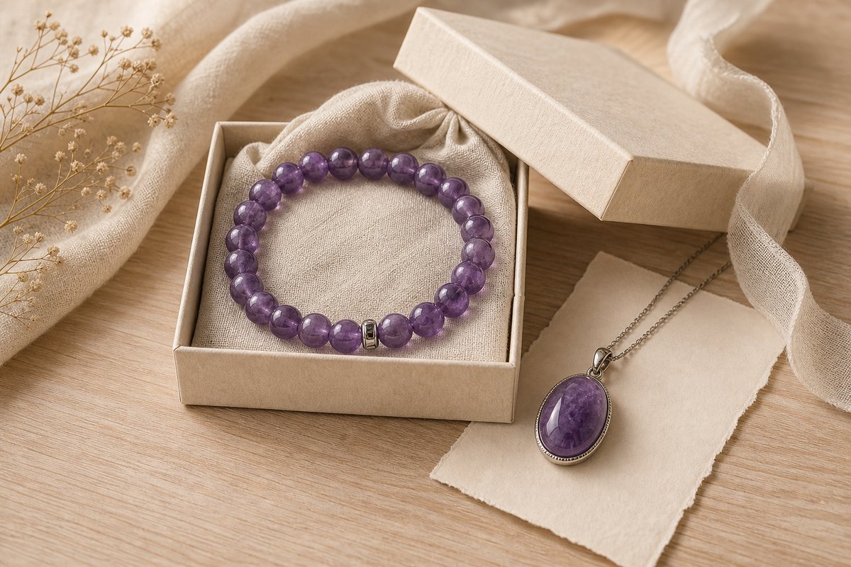Amethyst bracelet and pendant arranged in a cream gift box with blank card and linen