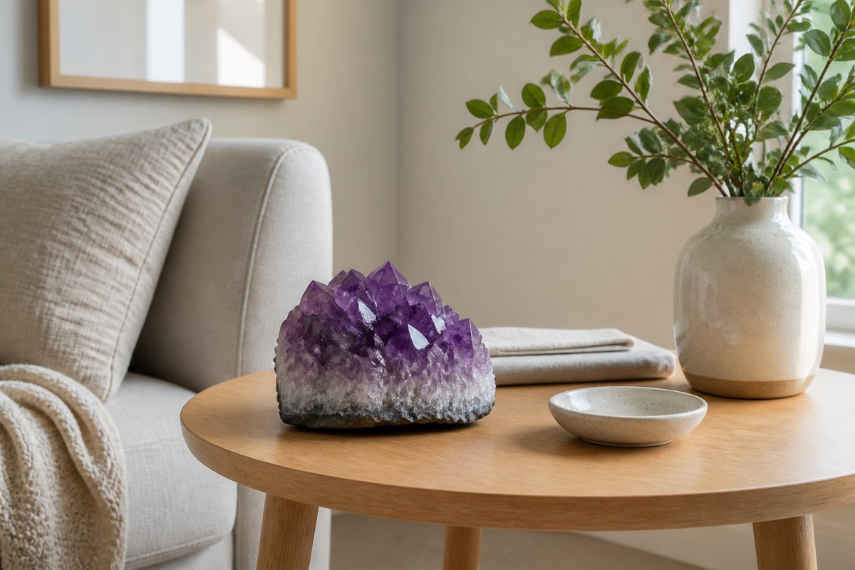 Amethyst cluster on a modern living room side table with warm wood, neutral fabric, and soft window light