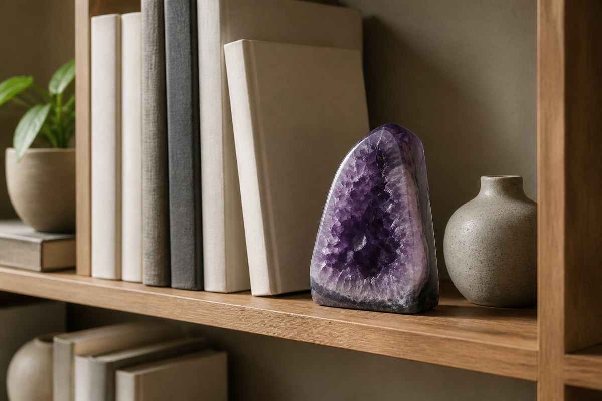 Amethyst stone on a restrained office shelf with books, neutral paper, and soft natural light