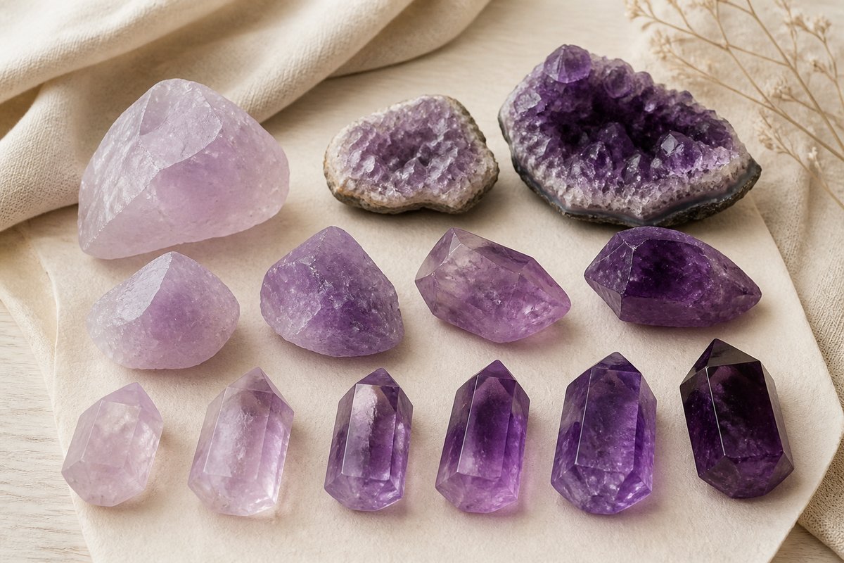 Range of pale lavender to deeper purple amethyst stones arranged on warm neutral paper
