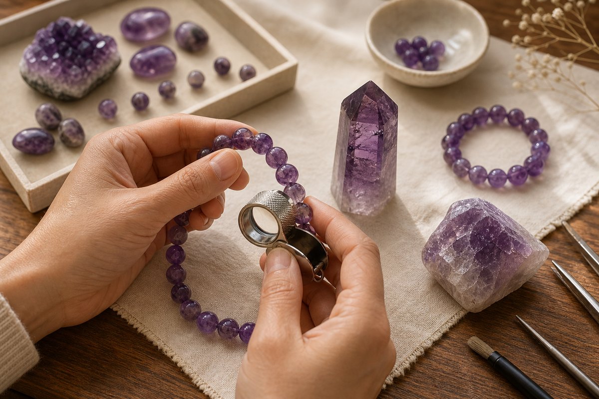 Hands inspecting amethyst beads and a small crystal point with a jeweler's loupe in natural light