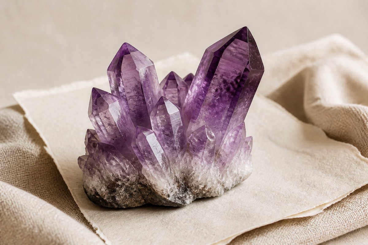 Close view of natural amethyst quartz points with pale violet color zoning and mineral inclusions