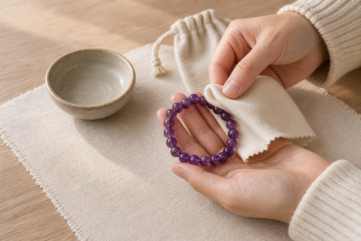 Hands cleaning an amethyst bracelet gently with a soft ivory cloth on a wood table