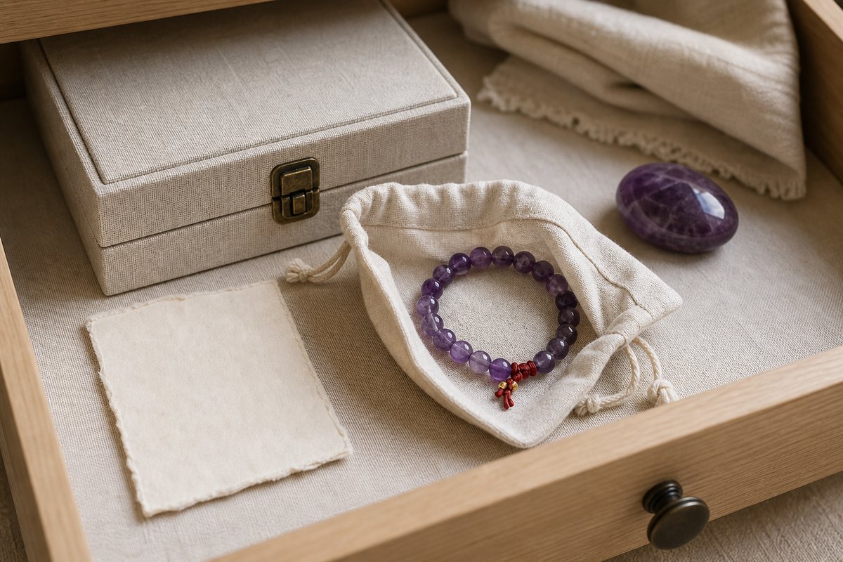 Amethyst bracelet stored separately in a linen pouch with a small note and neutral jewelry box
