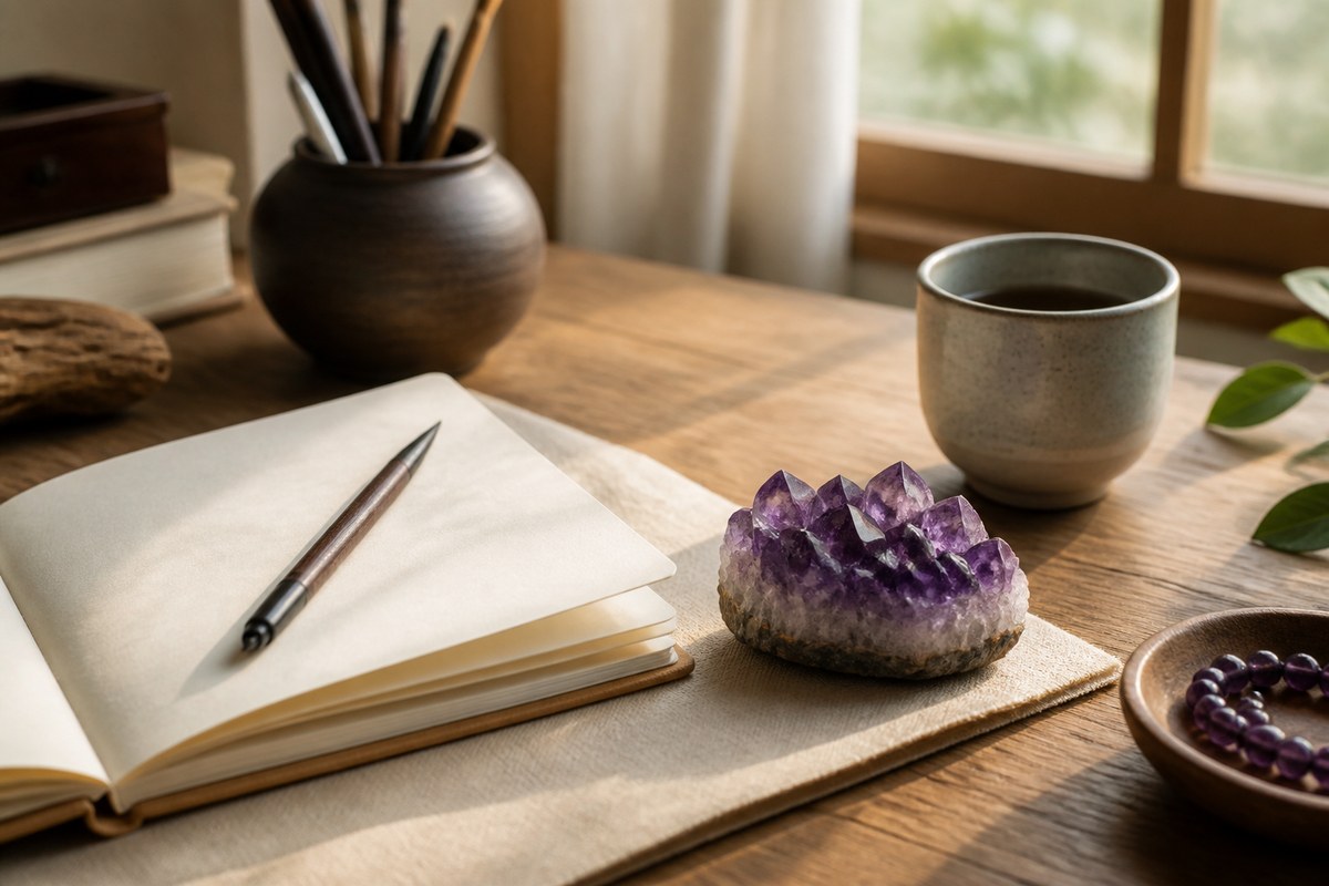 Small amethyst cluster on a tidy study desk beside a notebook, brush pen, and ceramic cup