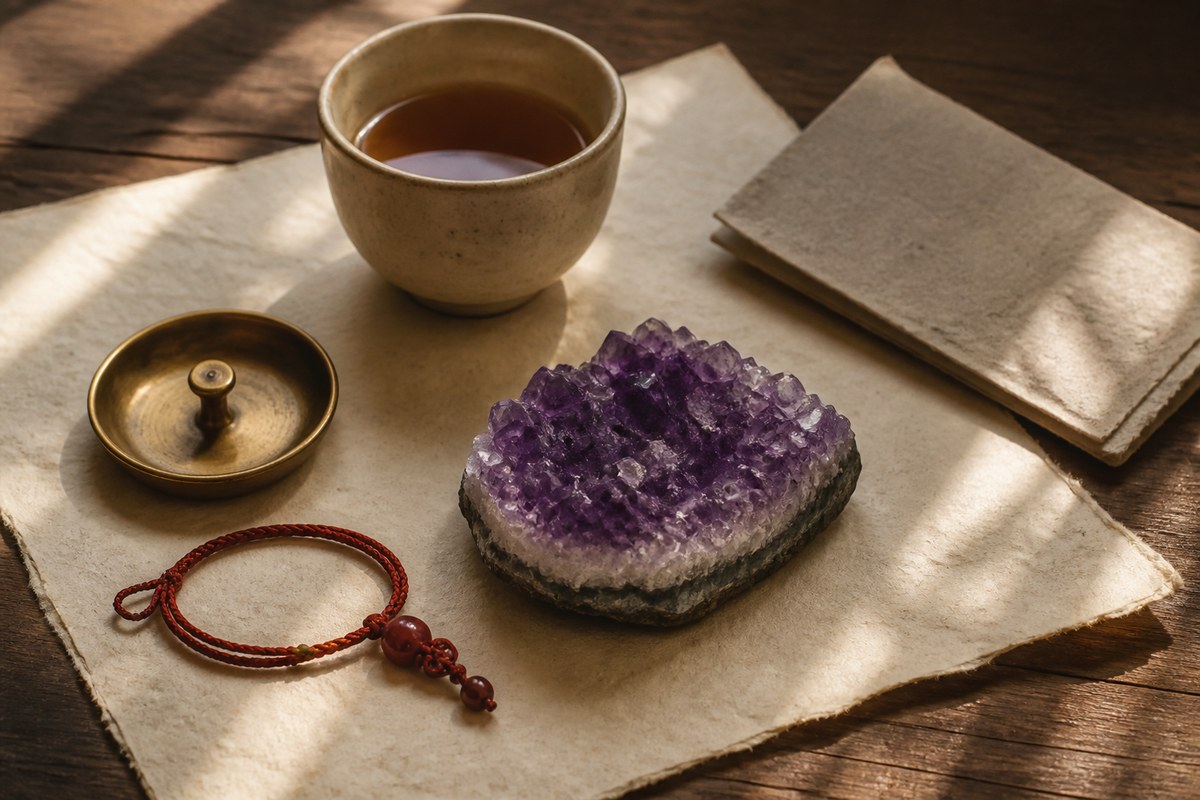 Amethyst stone, muted red cord, small brass dish, and warm paper arranged as a restrained Five Elements fire reference