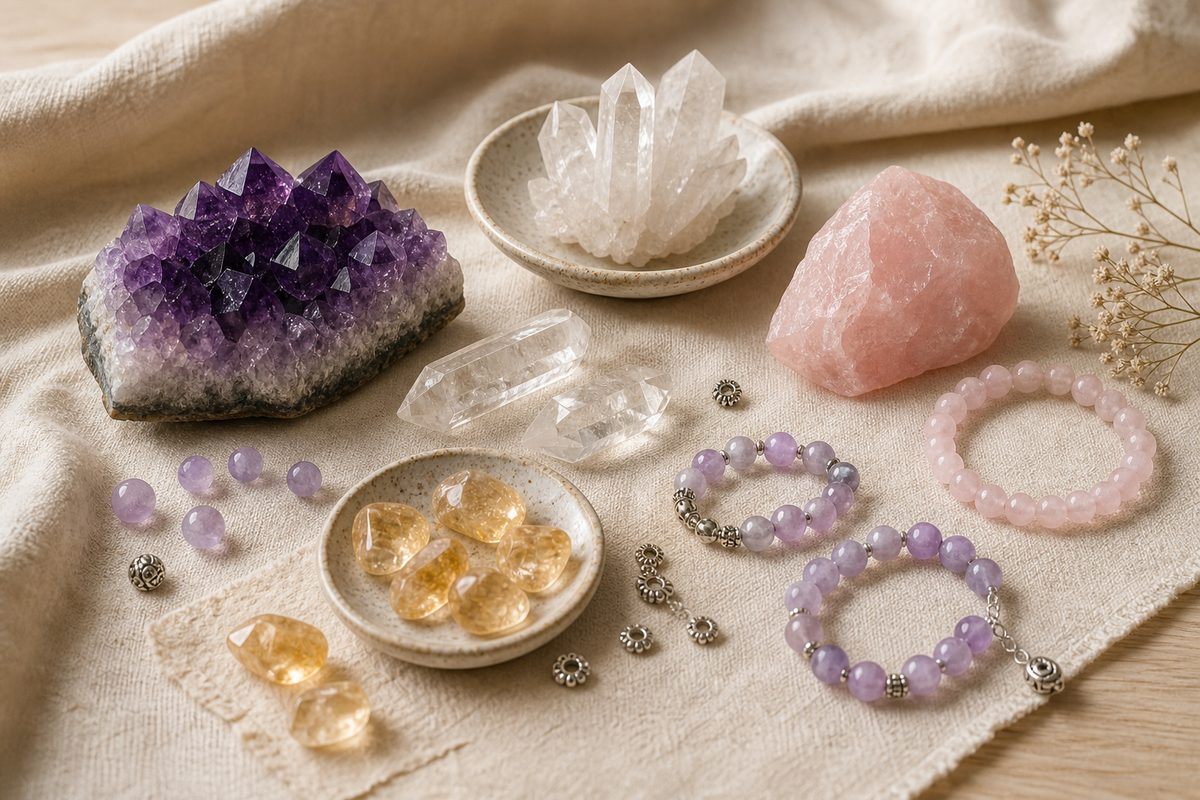 Amethyst with clear quartz, rose quartz, citrine, silver accents, and muted purple beads on warm ivory linen