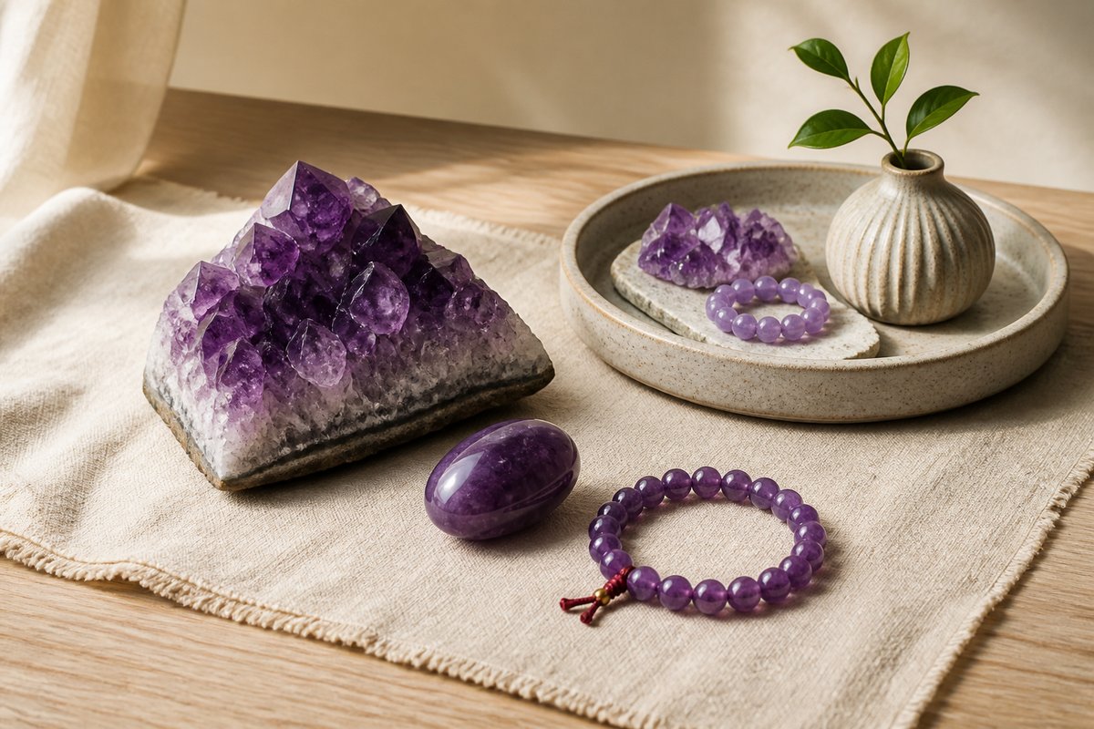 Amethyst cluster, polished purple stone, amethyst bracelet, and small home placement objects on warm ivory linen