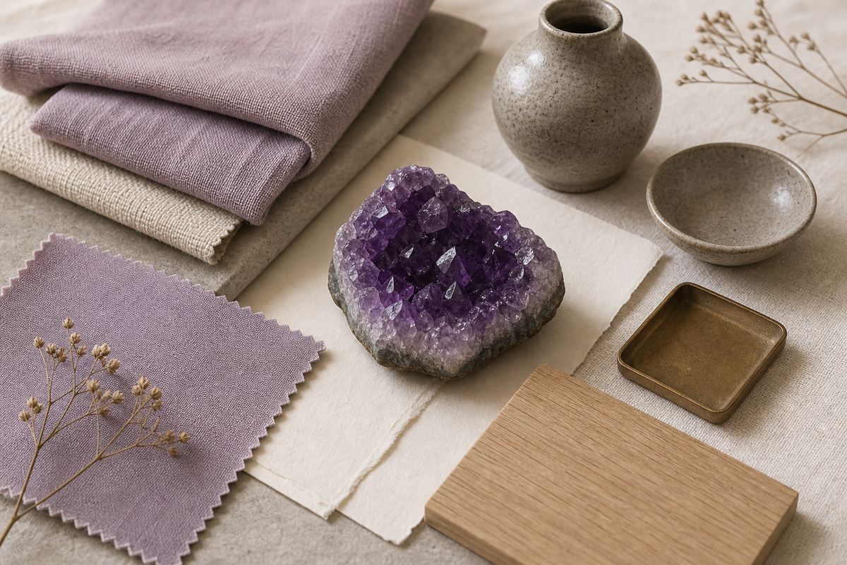 Amethyst stone beside muted lavender fabric, warm ivory paper, natural wood, and stone gray swatches