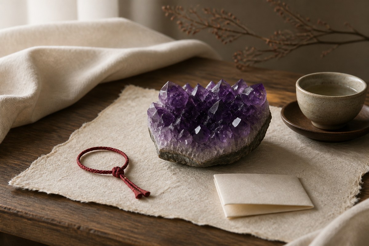 Amethyst cluster on parchment with a simple red cord and warm side light suggesting Purple Qi Arrives from the East symbolism