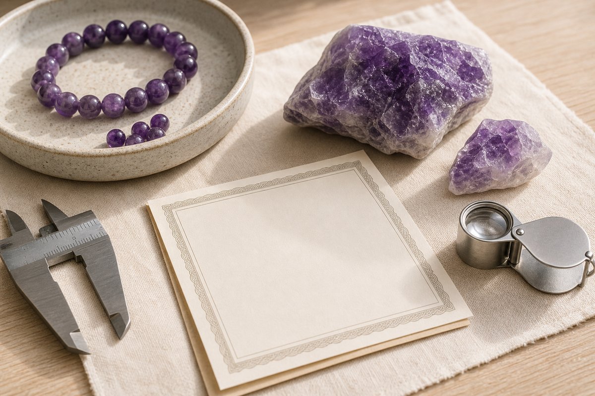 Amethyst beads, rough purple quartz, blank certificate card, and caliper arranged for an authenticity check