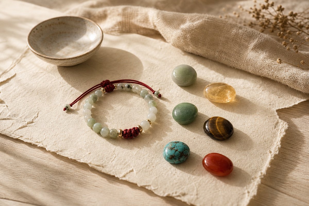 A selected gemstone bracelet resting beside jade, citrine, green aventurine, tiger eye, turquoise, and carnelian stones