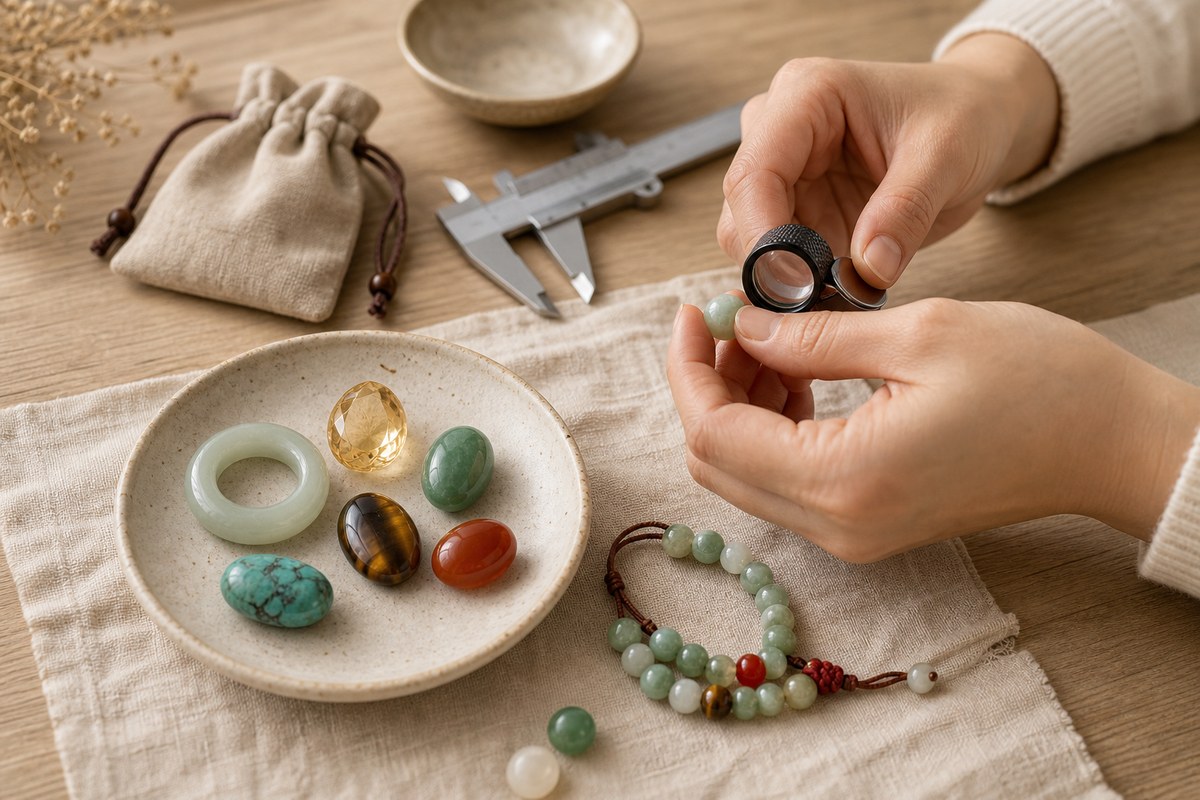 Hands inspecting lucky gemstone beads and polished stones with a jeweler's loupe and small caliper